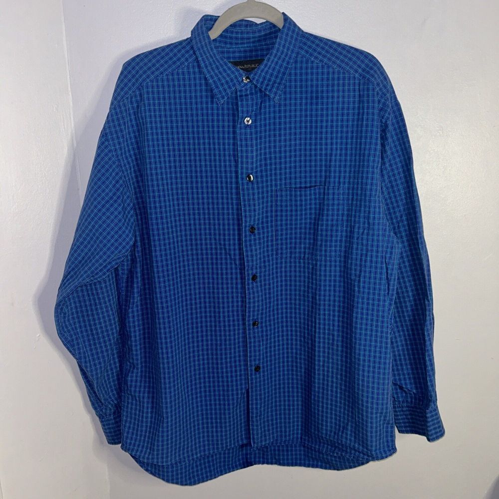Banana Republic Grant Fit Shirt L Plaid Blue Button Up Long Sleeve Non Iron